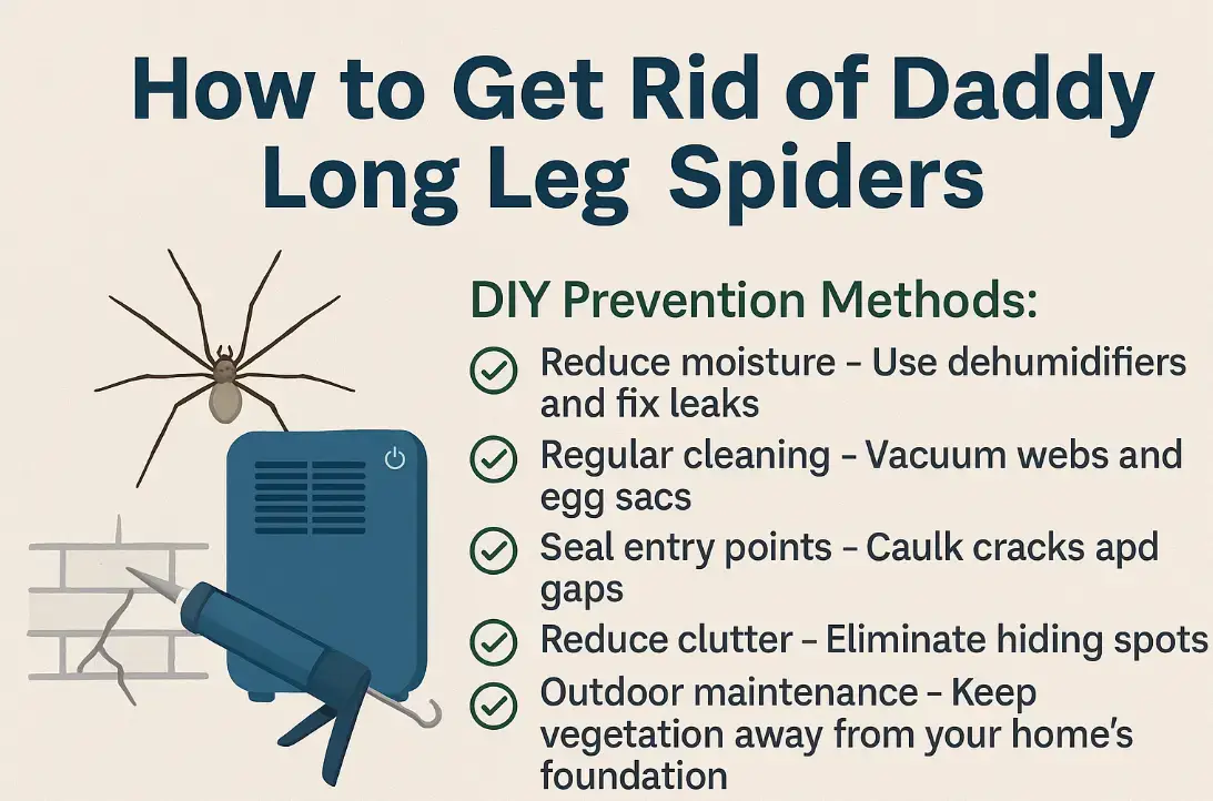 Infographic showing how to get rid of daddy long leg spiders with DIY prevention tips including reducing moisture, sealing entry points, vacuuming webs, and maintaining outdoor areas.