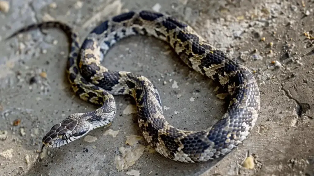 Snake crawling on a garage floor, highlighting the importance of snake control for North Atlanta homeowners.