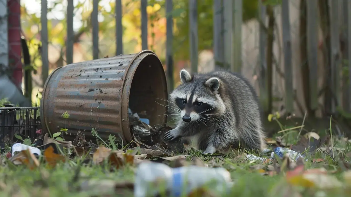 Raccoon rummaging through a tipped-over trash can in a backyard.