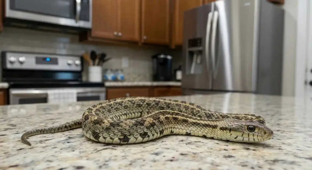 Snake resting on a kitchen table in a home, highlighting potential pest issues in Acworth, Georgia.