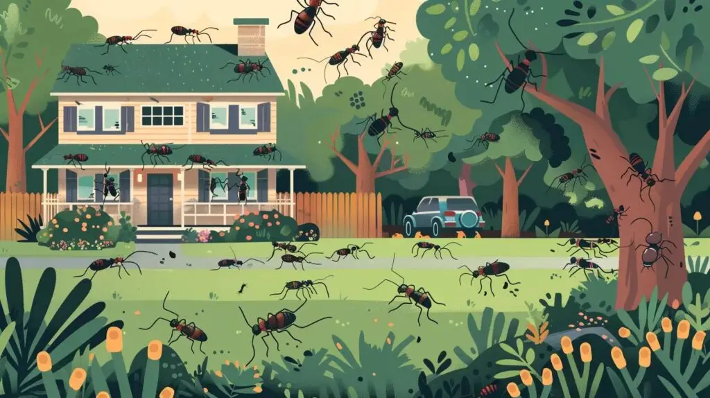 Illustration of a house surrounded by numerous ants, depicting a common pest problem in Acworth, highlighting the importance of pest control for homeowners.