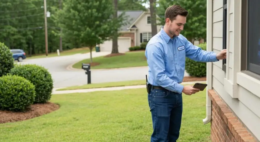 Pest control expert inspecting residential property with a smartphone, emphasizing local pest management services in Acworth.