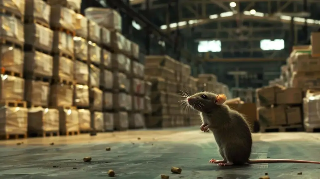 Rat standing in a warehouse, surrounded by stacked boxes, highlighting potential pest issues relevant to commercial pest control in Kennesaw.