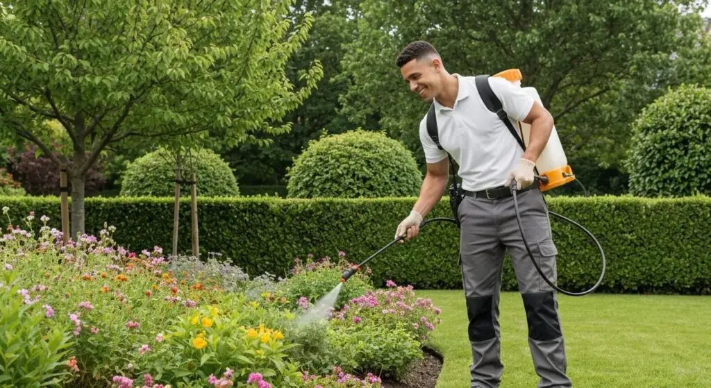 Professional pest control technician applying treatment in a residential garden, surrounded by colorful flowers and greenery, emphasizing pest management services for homeowners.