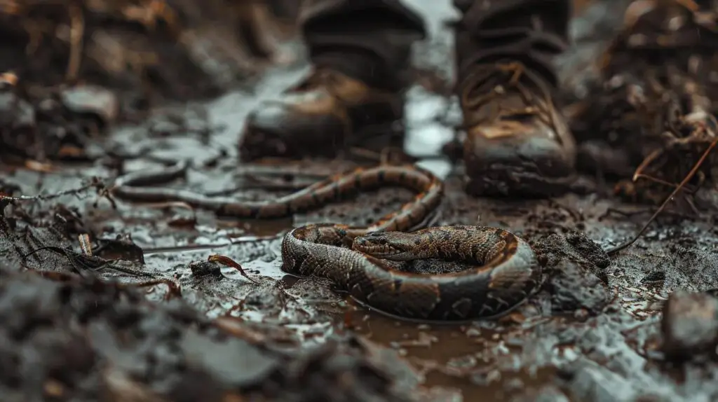 Snake on wet, muddy ground with boots in the background, highlighting the importance of professional snake control services for homeowners in Atlanta, GA.