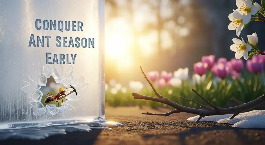 Conquer ant season early with an ant breaking through ice, surrounded by spring flowers and sunlight, emphasizing proactive pest control in Acworth, GA.