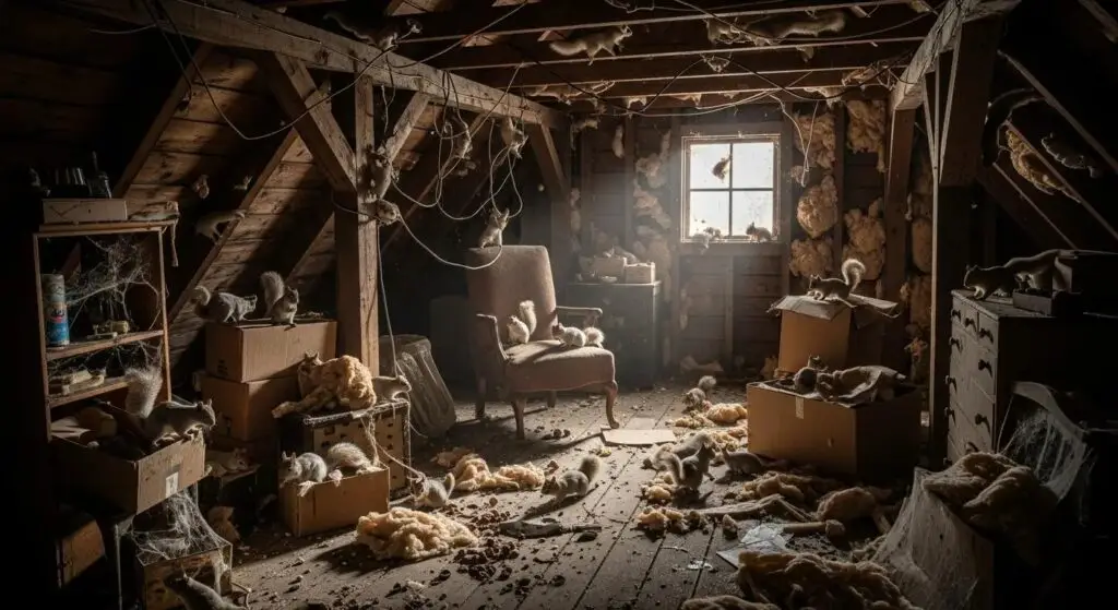 Squirrel-infested attic with cluttered boxes, cobwebs, and a chair, illustrating contamination and the need for professional attic decontamination services in Atlanta, GA.