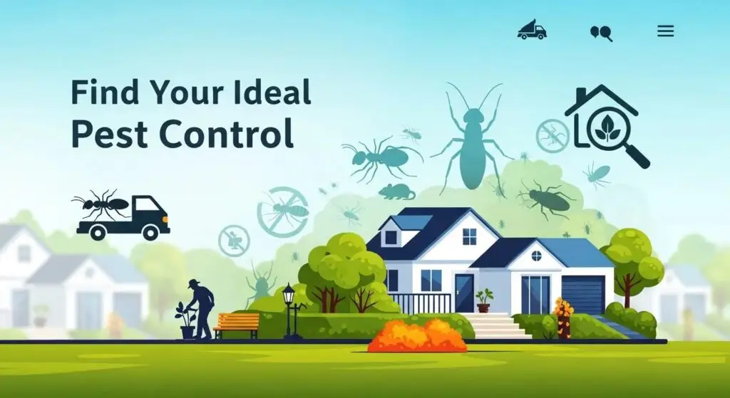 Find your ideal pest control with illustrated home, pest icons, and service vehicle, emphasizing local pest management solutions.