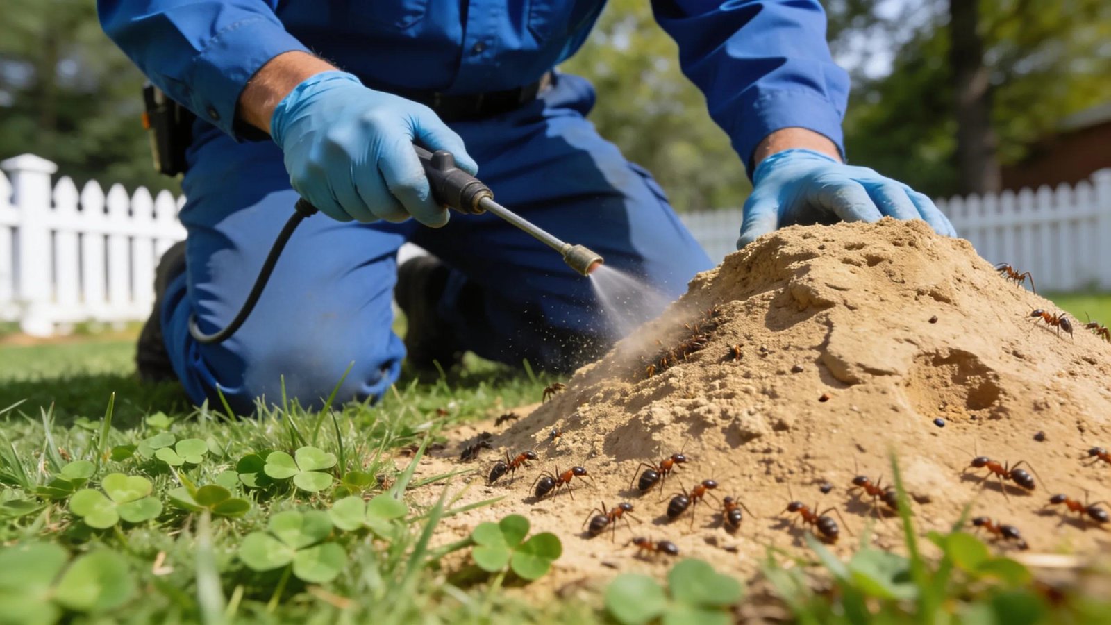 Pest control technician treating a fire ant mound on an Alpharetta lawn