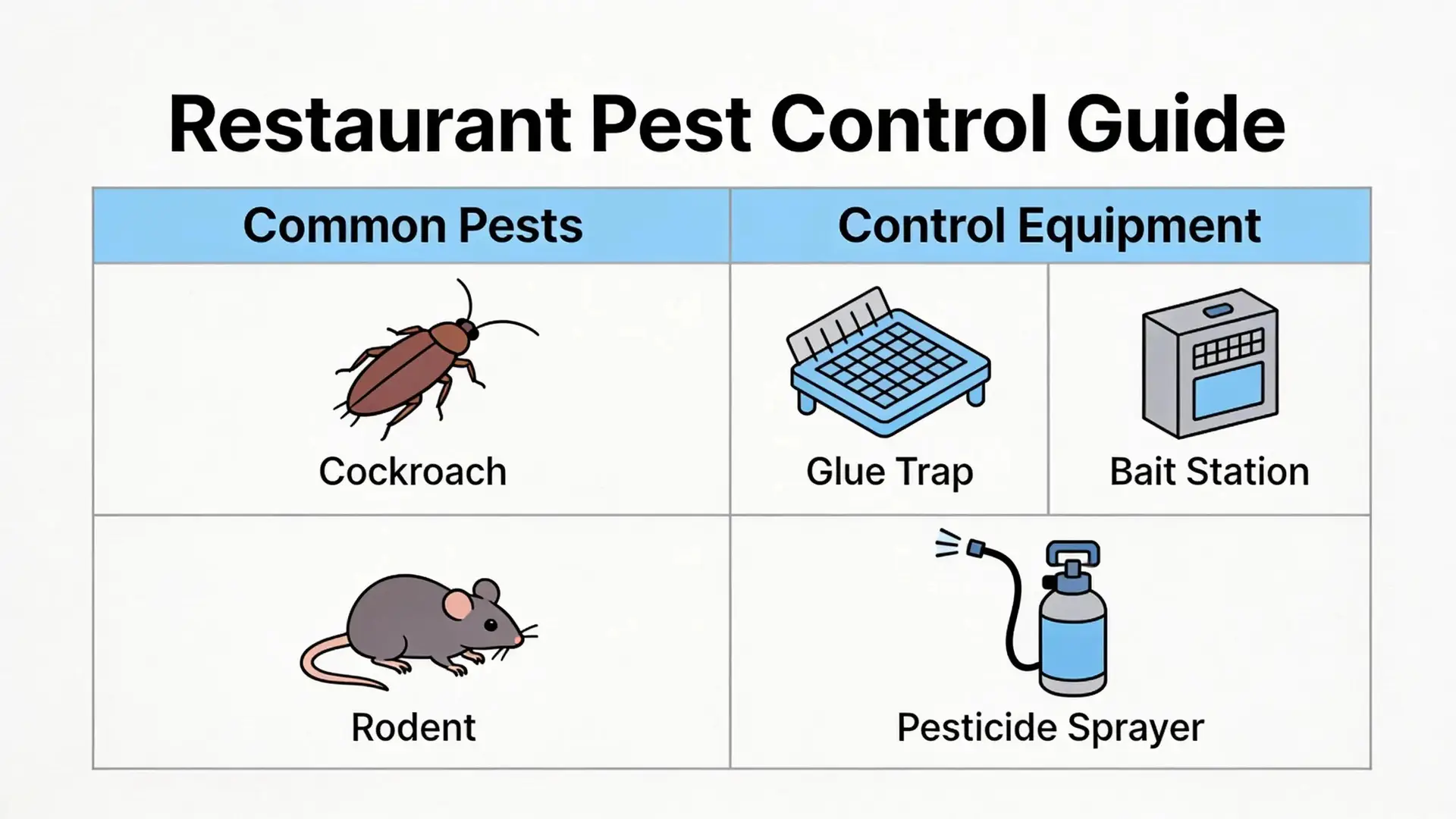 Restaurant pest control guide illustrating common pests like cockroaches and rodents, alongside control equipment such