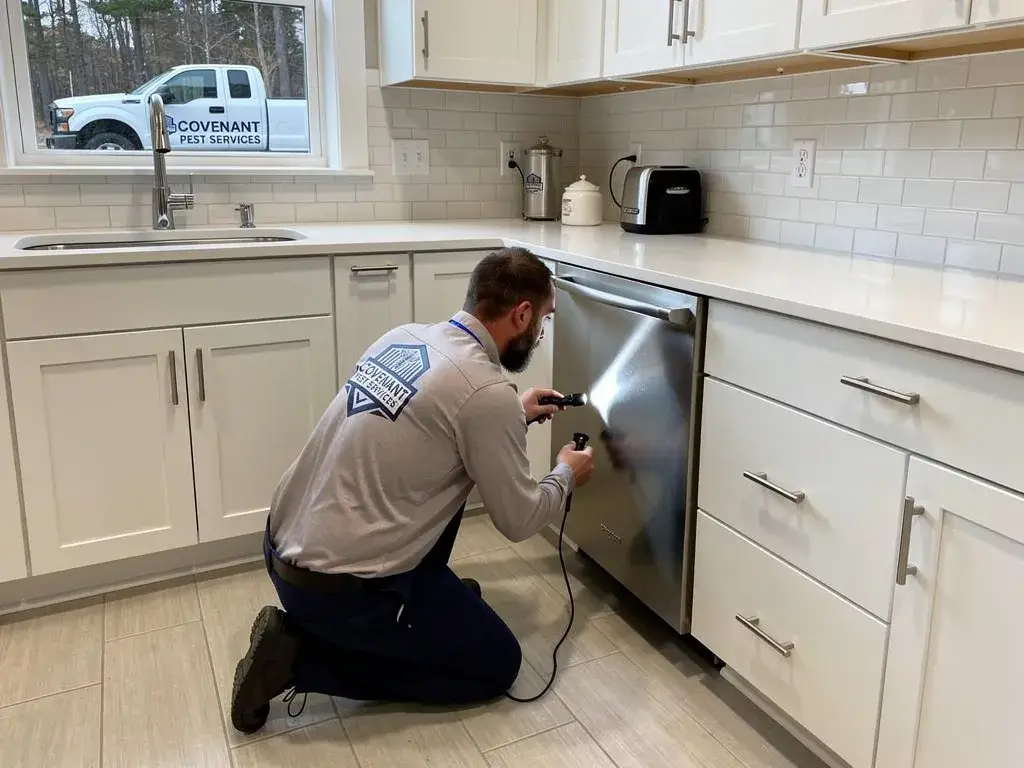 Pest control technician inspecting a Kennesaw kitchen for German cockroaches